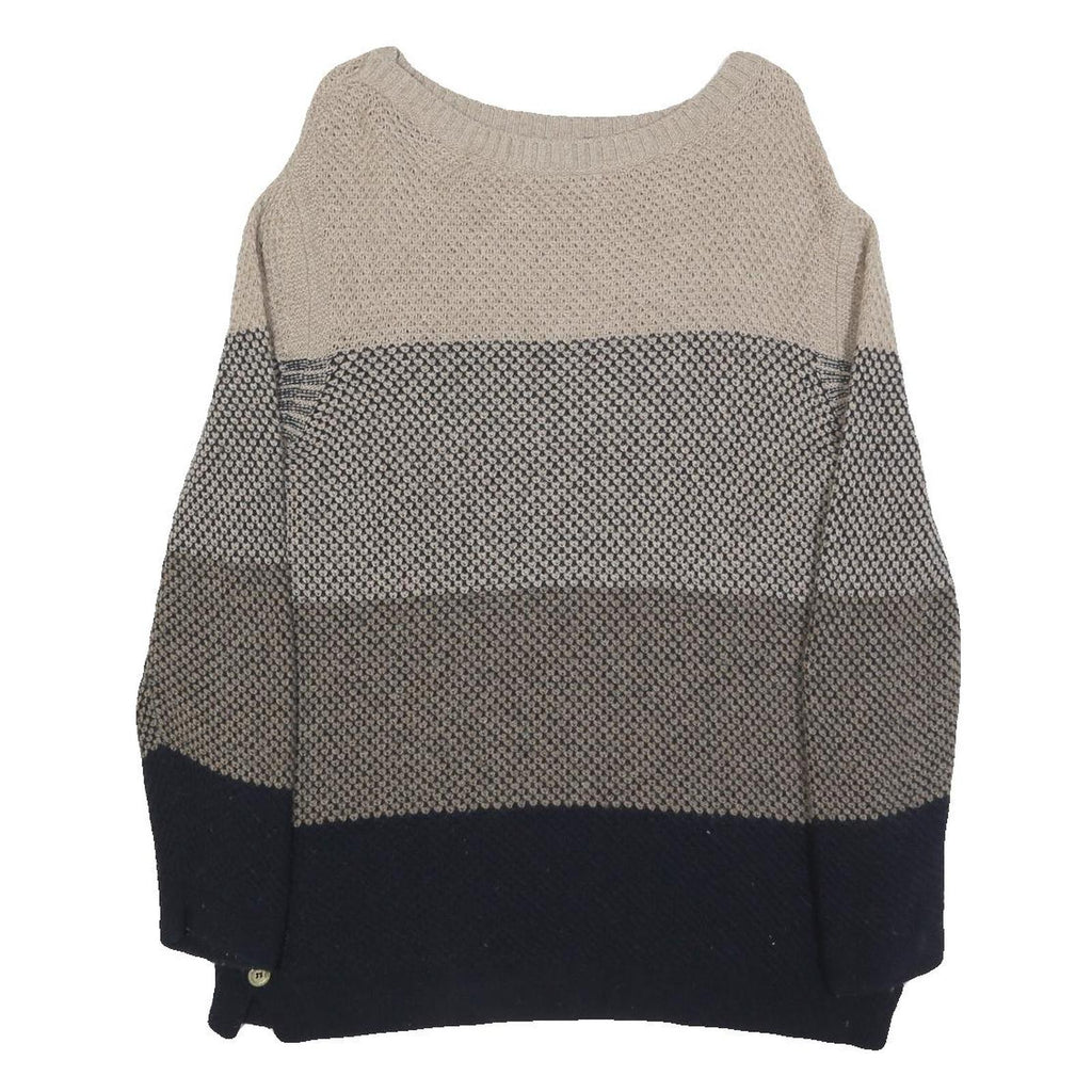 BARBOUR Womens Beige & Navy Patterned Jumper Round Neck Basic Knit UK 10 Wool