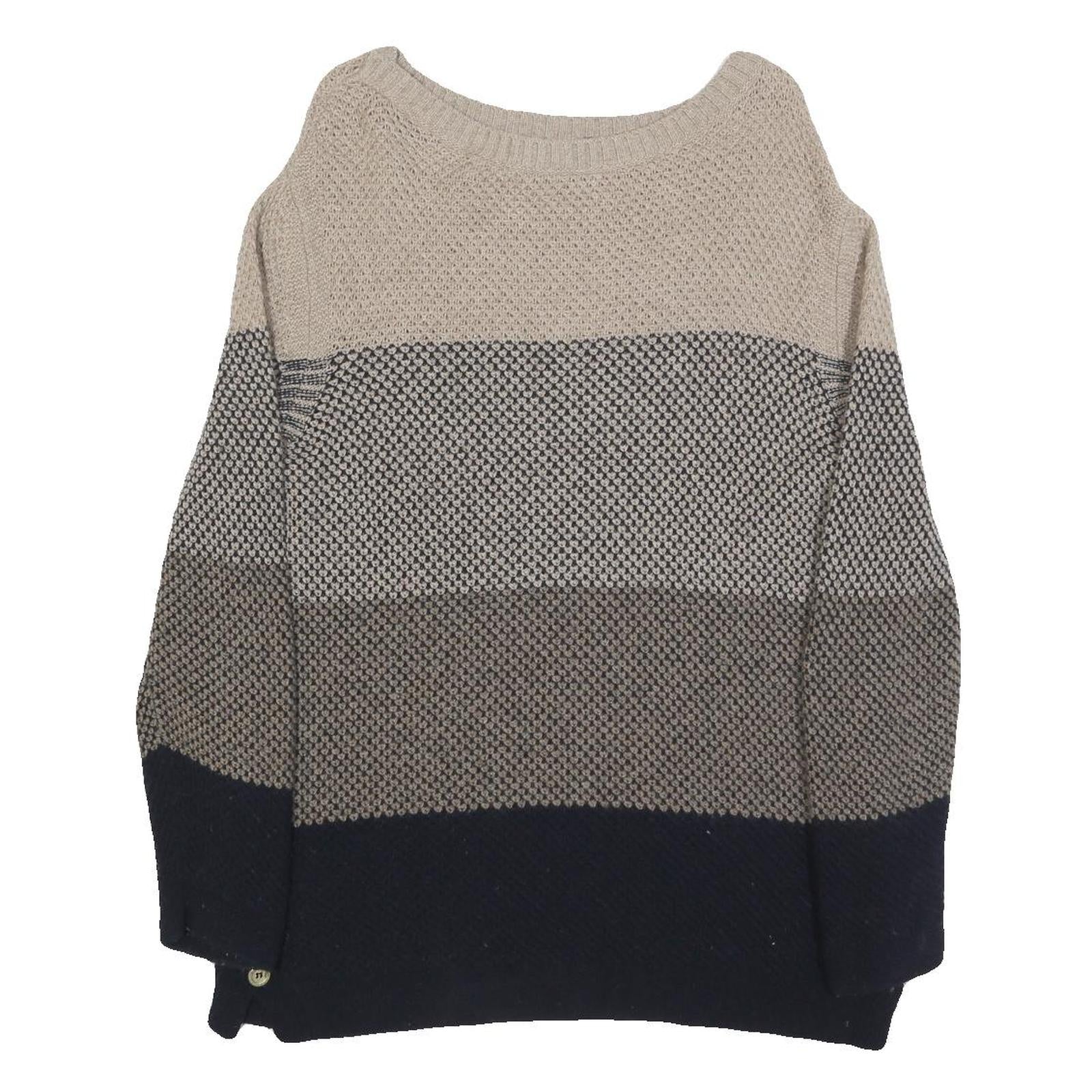 BARBOUR Womens Beige & Navy Patterned Jumper Round Neck Basic Knit UK 10 Wool