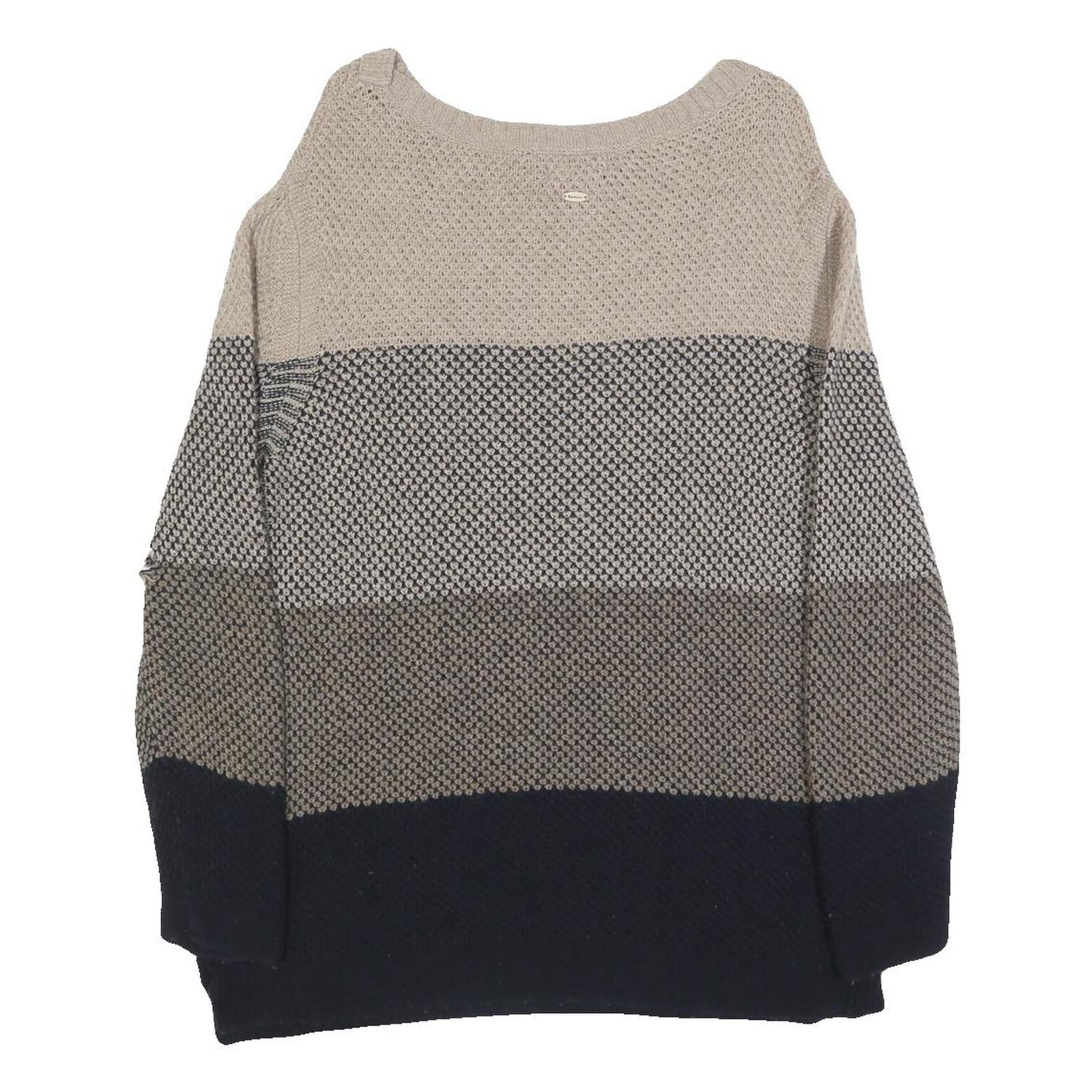 BARBOUR Womens Beige & Navy Patterned Jumper Round Neck Basic Knit UK 10 Wool