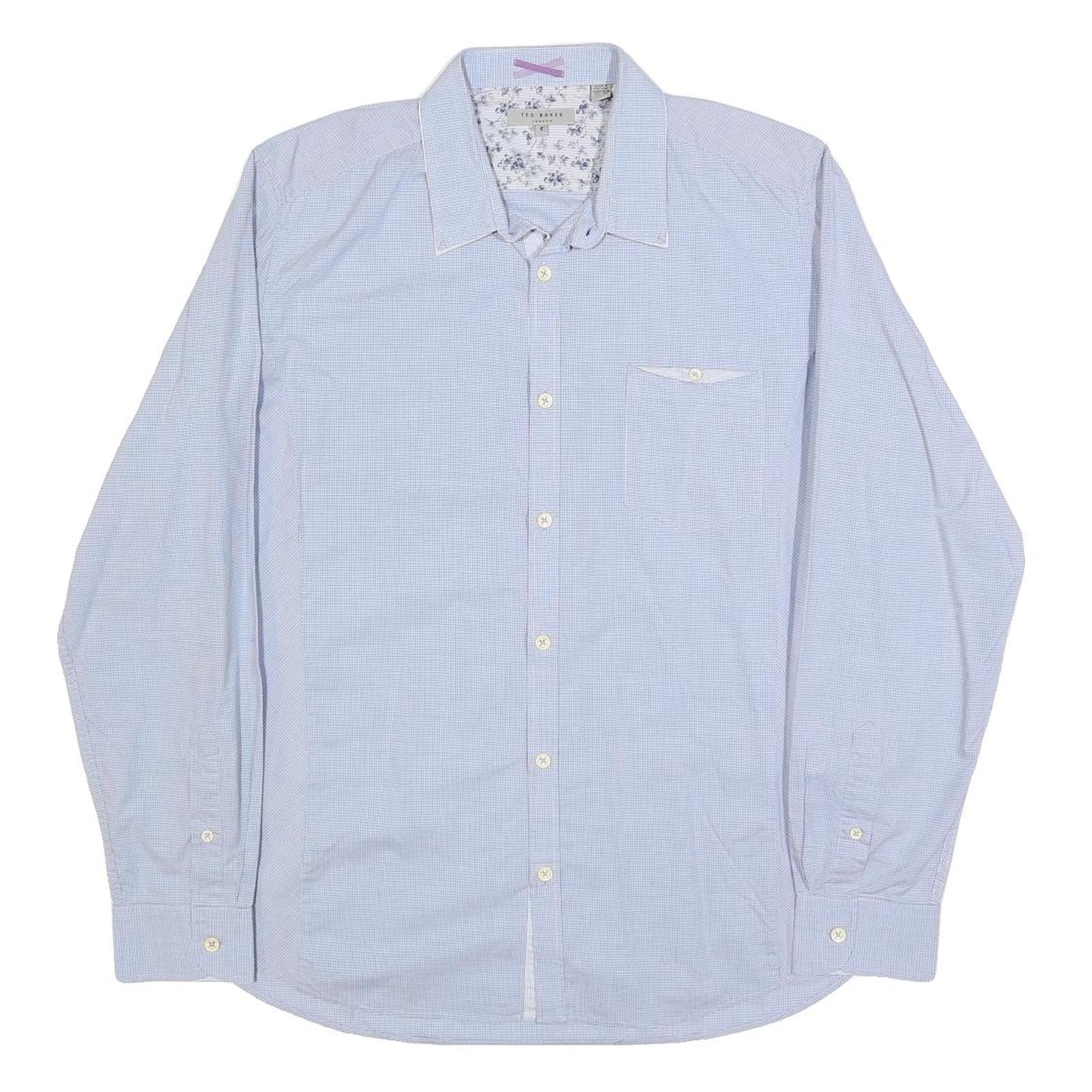 TED BAKER Mens Blue & White Check Shirt L Cotton Blend Long Sleeve Formal