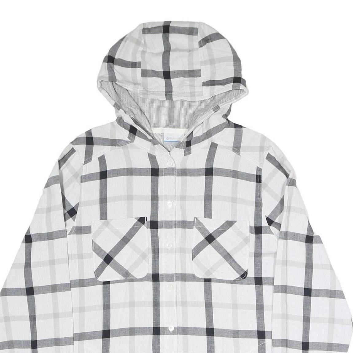 COLUMBIA Womens White & Grey Check Hooded Shirt M Cotton Blend Button Casual