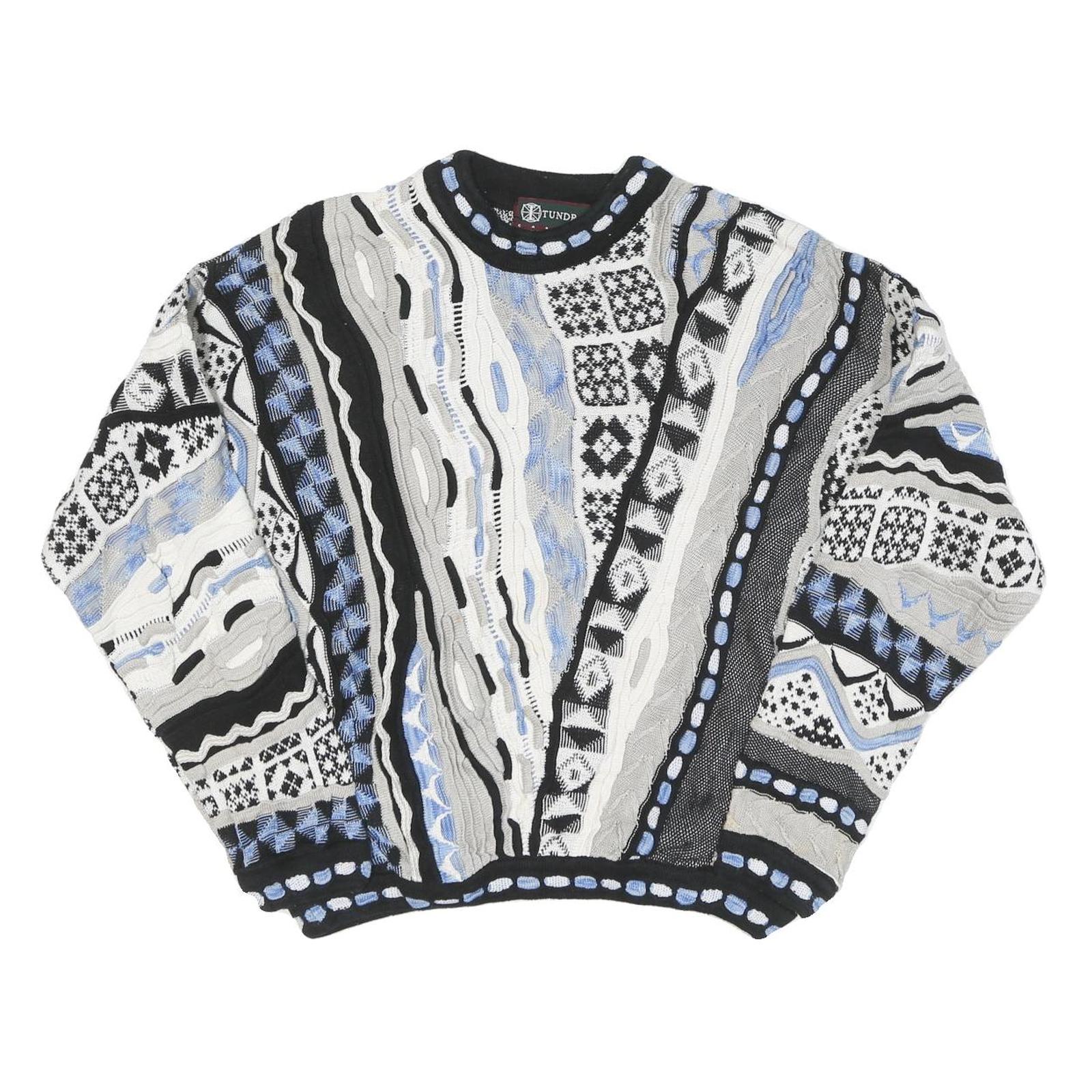 TUNDRA Mens Black & Grey Patterned Crew Neck Chunky Knit Jumper L Cotton Blend