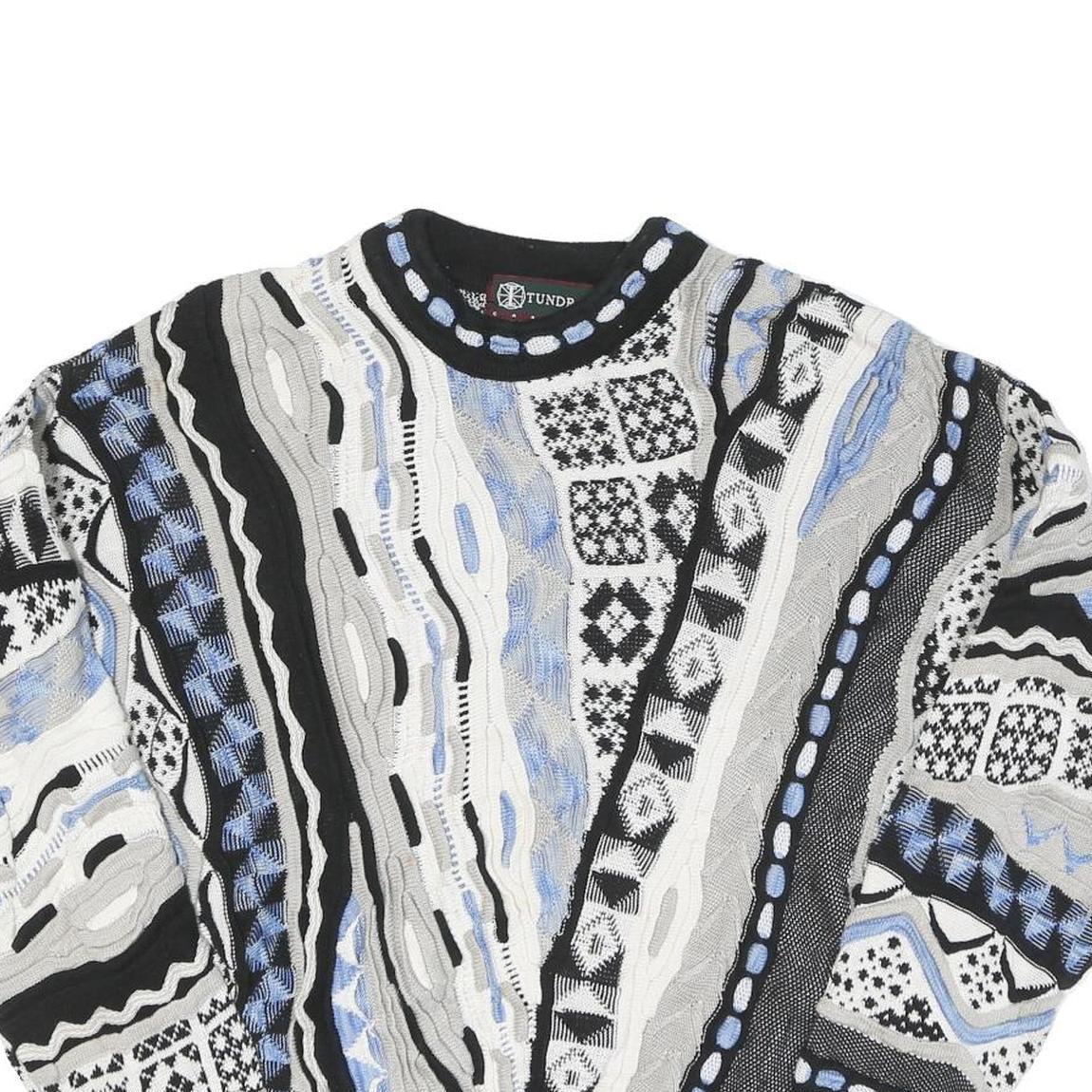 TUNDRA Mens Black & Grey Patterned Crew Neck Chunky Knit Jumper L Cotton Blend