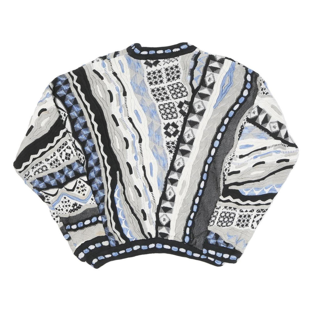 TUNDRA Mens Black & Grey Patterned Crew Neck Chunky Knit Jumper L Cotton Blend