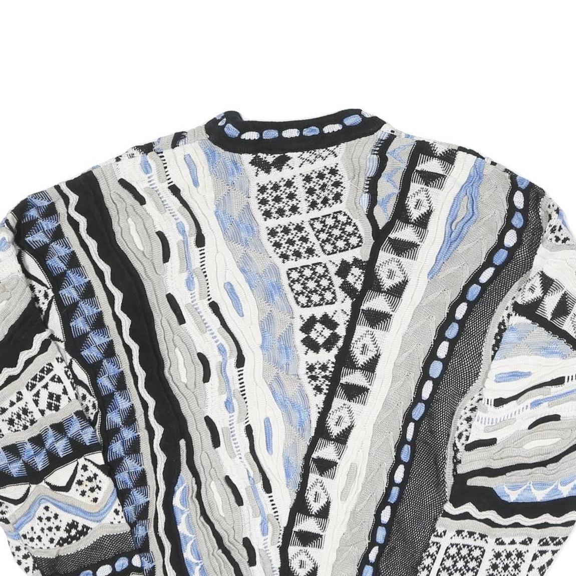 TUNDRA Mens Black & Grey Patterned Crew Neck Chunky Knit Jumper L Cotton Blend