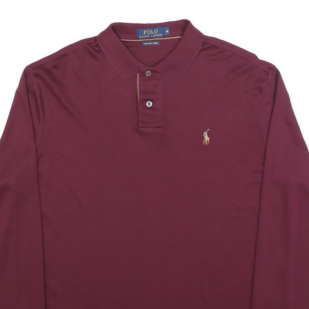 POLO RALPH LAUREN Mens Maroon Long Sleeve Plain M Cotton Polo Shirt Classic