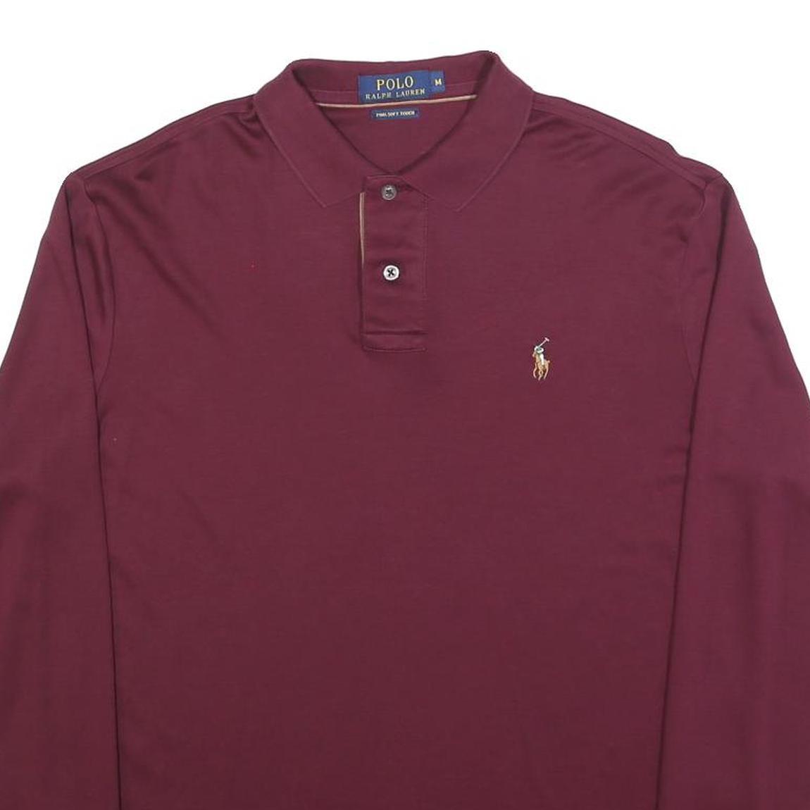 POLO RALPH LAUREN Mens Maroon Long Sleeve Plain M Cotton Polo Shirt Classic