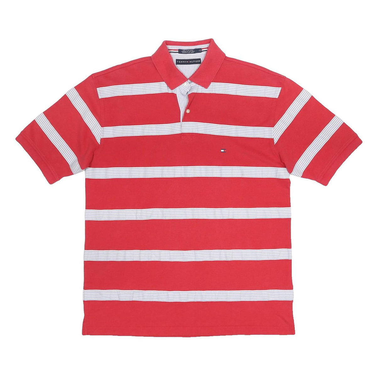 TOMMY HILFIGER Mens Red & White Striped Short Sleeve Polo Shirt L Cotton Blend