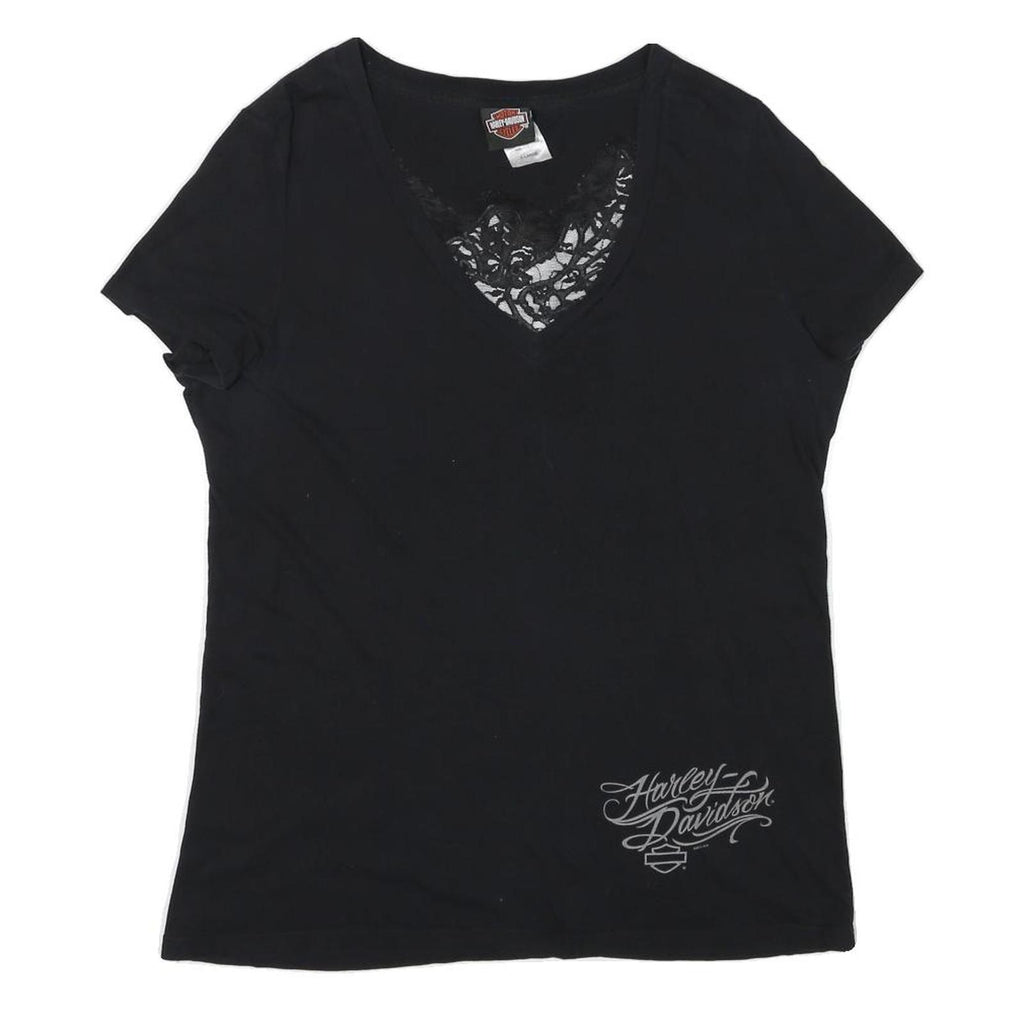 HARLEY DAVIDSON Mens Black Graphic T-Shirt XL Short Sleeve V-Neck Cotton Blend