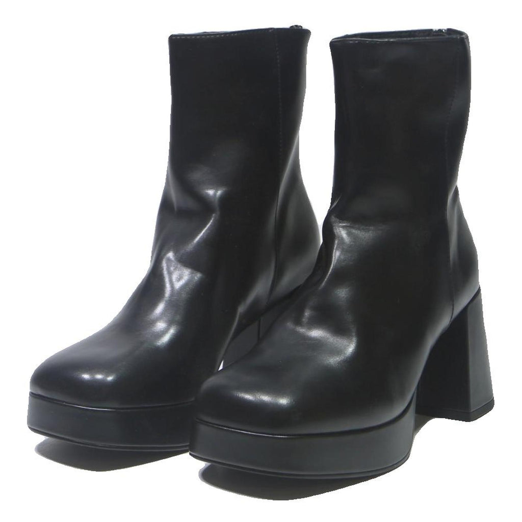 CHARLES & KEITH Womens Black Leather Platform Ankle Boots UK 4 Stylish Block