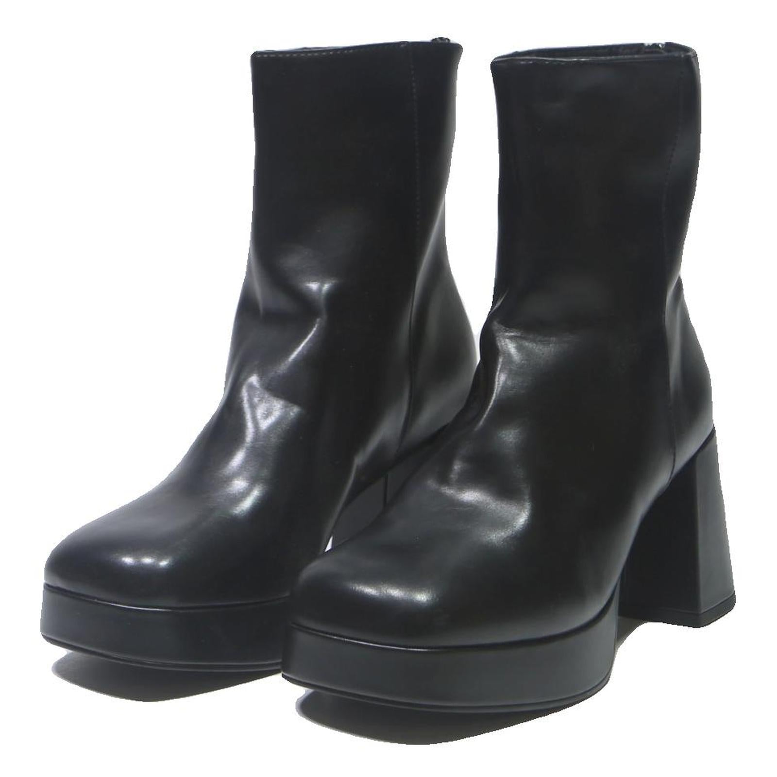 CHARLES & KEITH Womens Black Leather Platform Ankle Boots UK 4 Stylish Block
