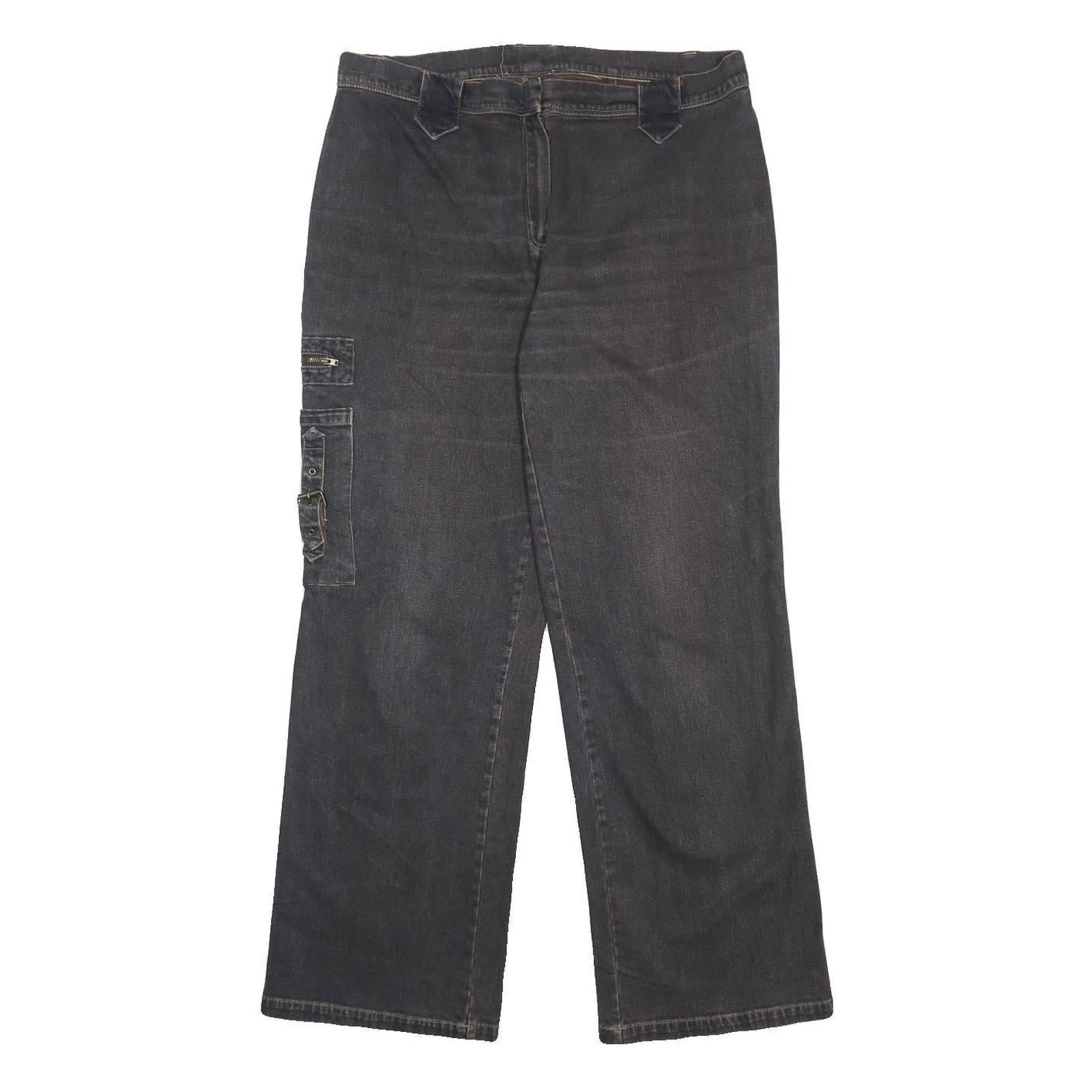 Womens Loose Fit Black Denim Jeans W36 L32 Cargo Style Cotton Blend Zip Closure