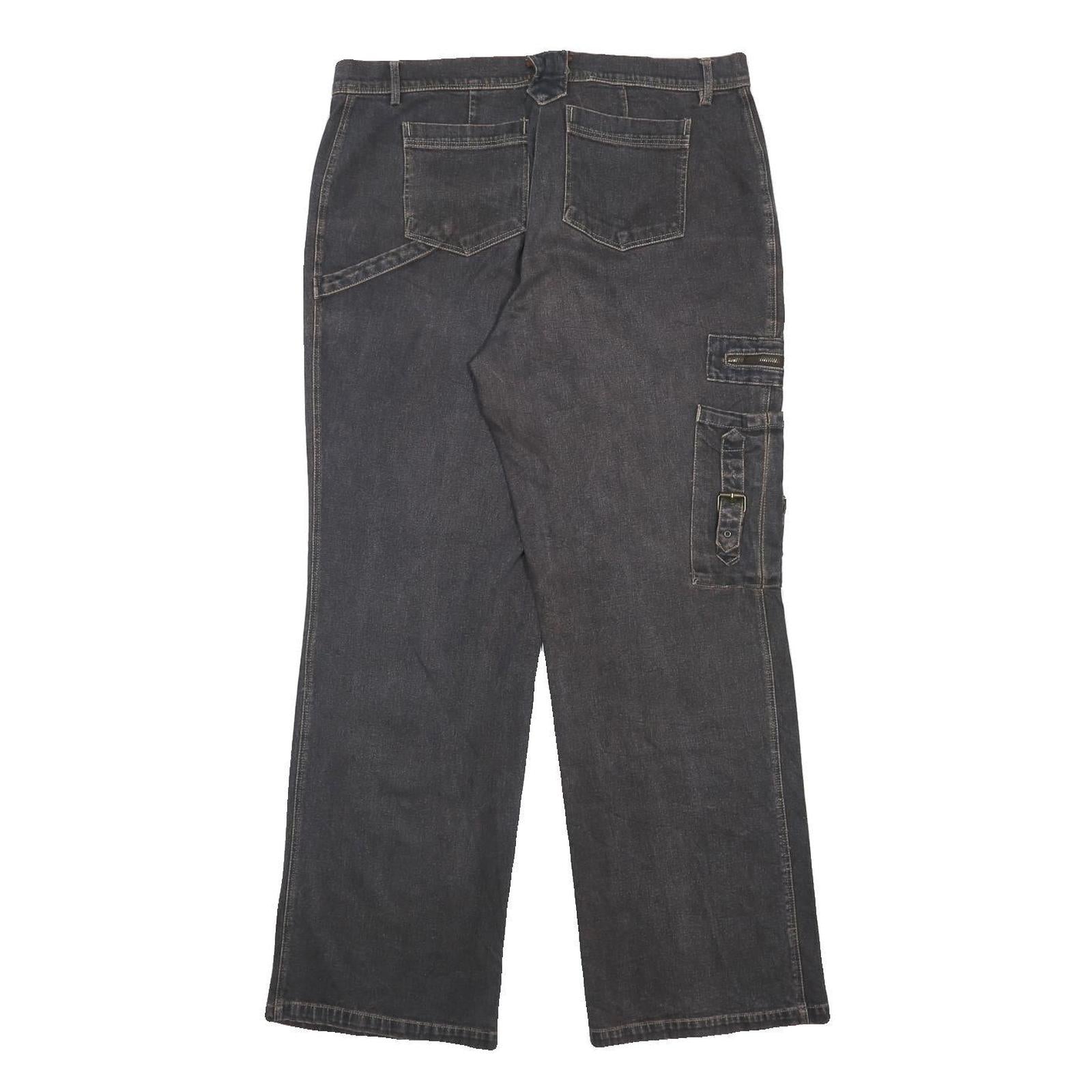 Womens Loose Fit Black Denim Jeans W36 L32 Cargo Style Cotton Blend Zip Closure