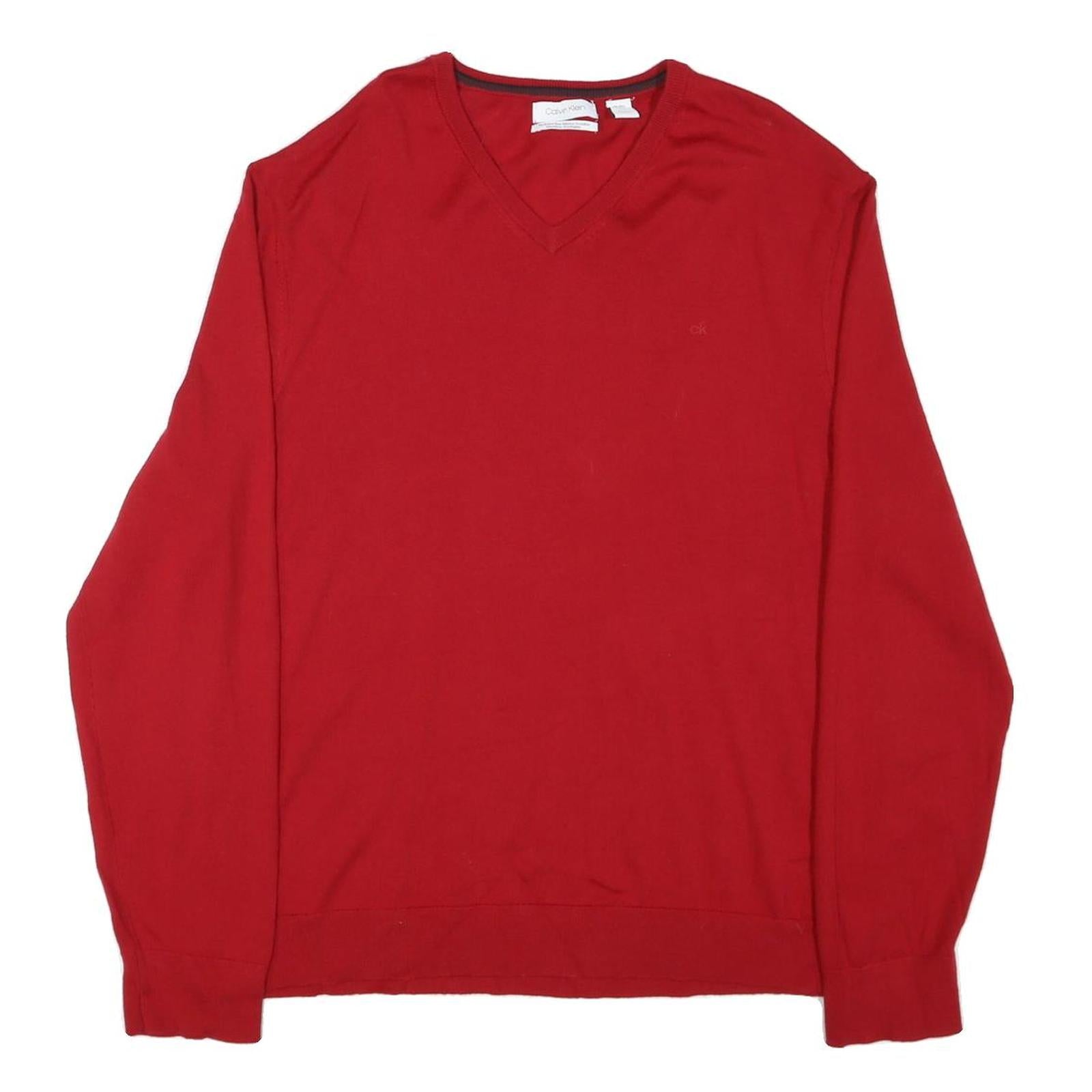CALVIN KLEIN Mens Red Plain V Neck Jumper Basic Knit 2XL Wool Comfortable