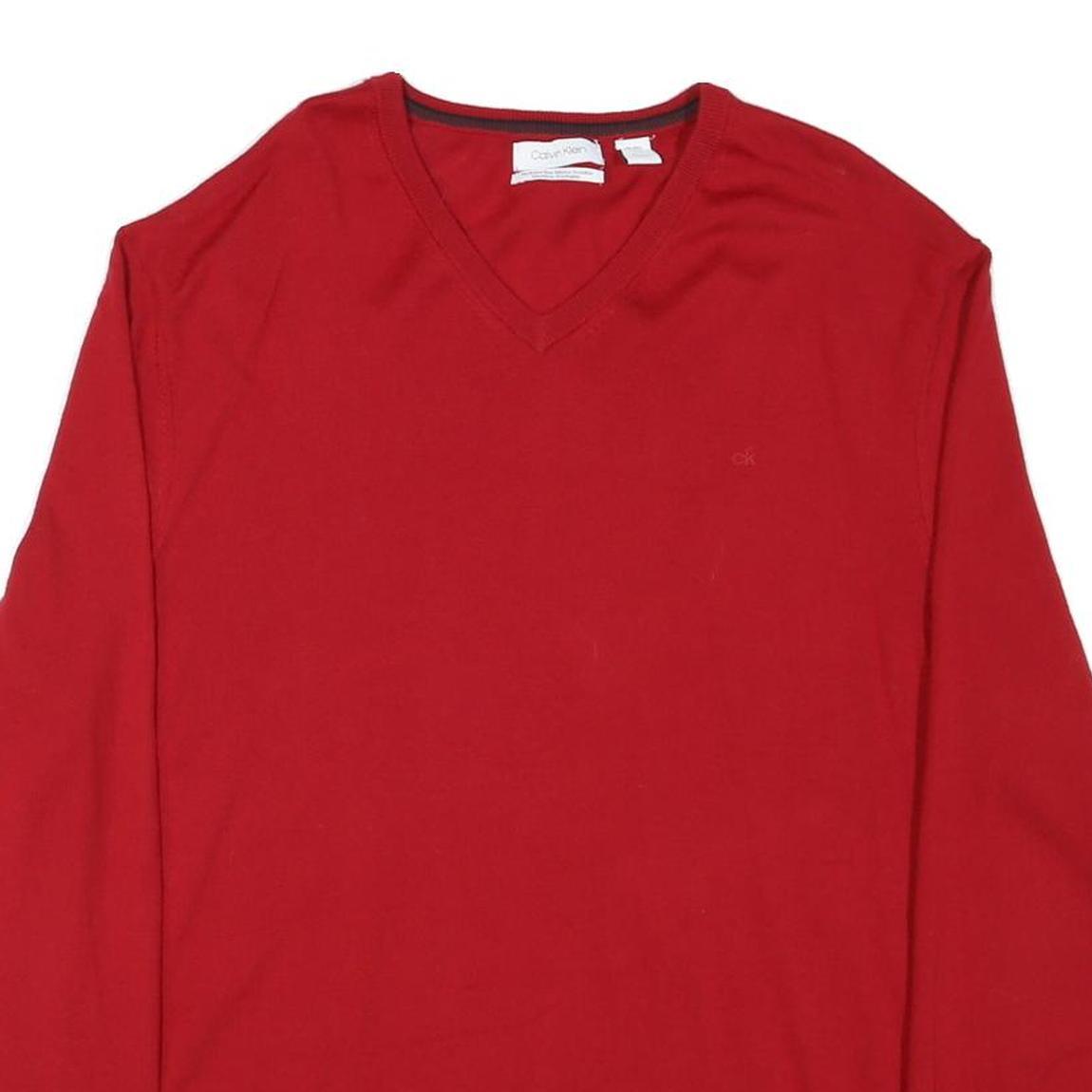 CALVIN KLEIN Mens Red Plain V Neck Jumper Basic Knit 2XL Wool Comfortable