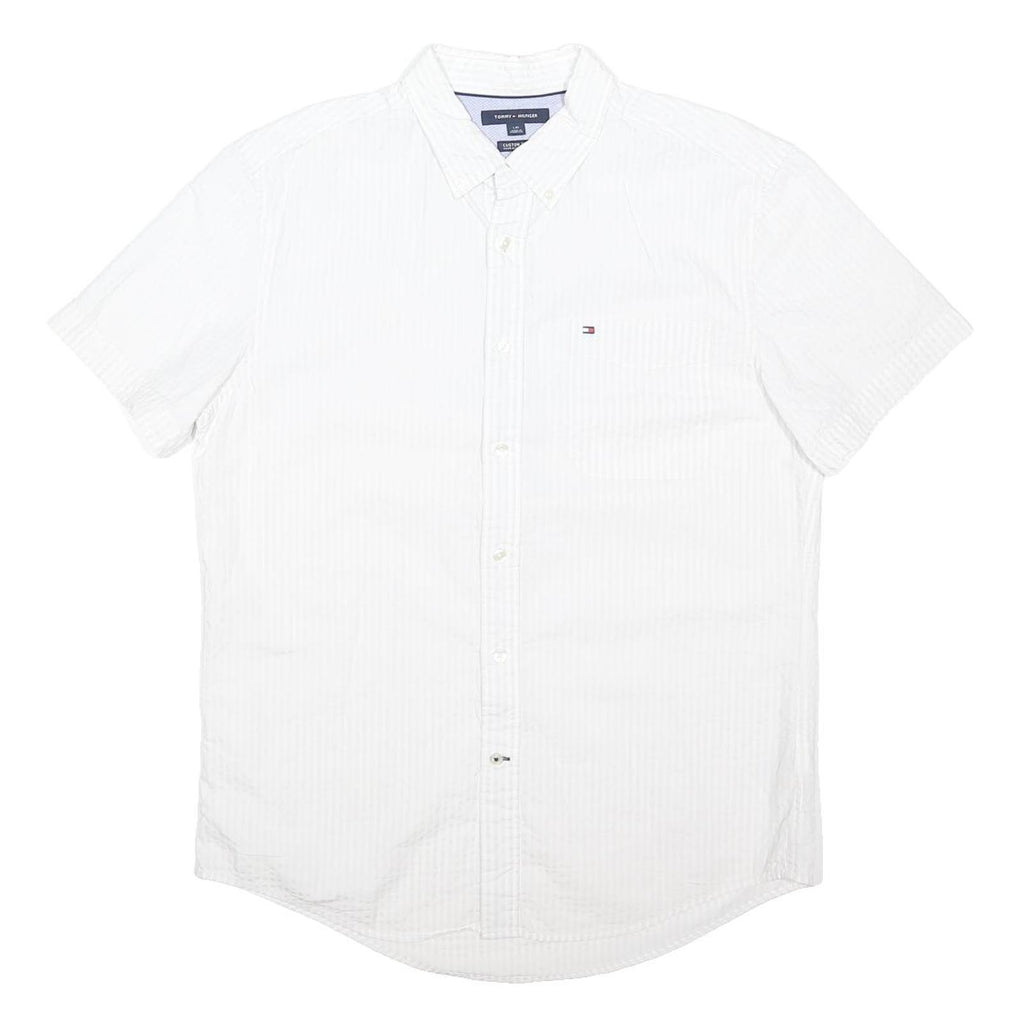 TOMMY HILFIGER Mens White & Cream Cotton Blend Shirt L Button Down Short Sleeve