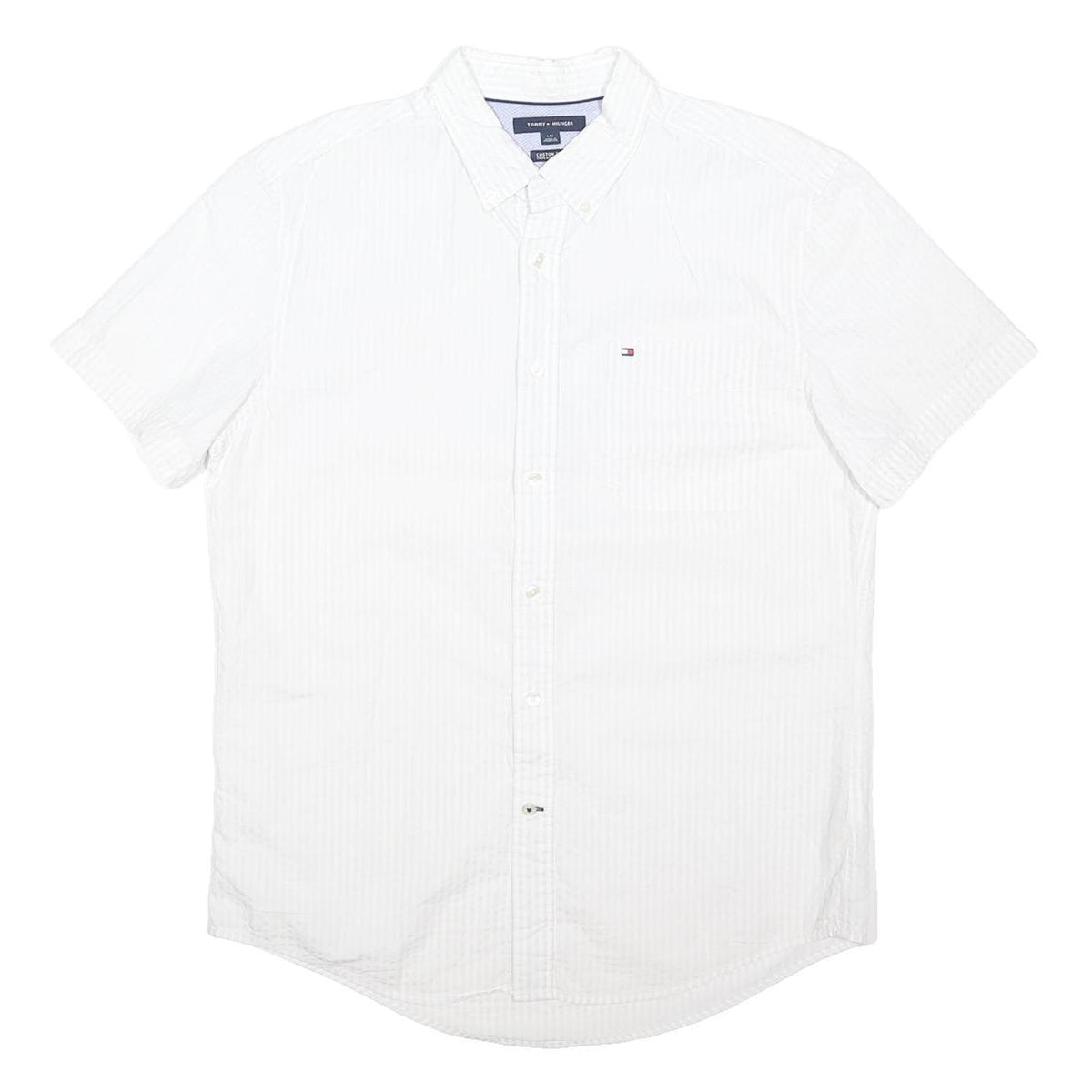 TOMMY HILFIGER Mens White & Cream Cotton Blend Shirt L Button Down Short Sleeve