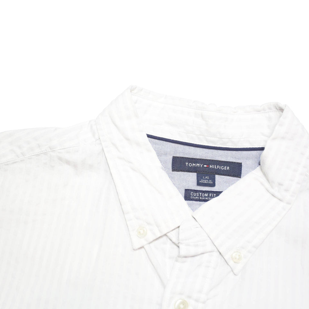 TOMMY HILFIGER Mens White & Cream Cotton Blend Shirt L Button Down Short Sleeve