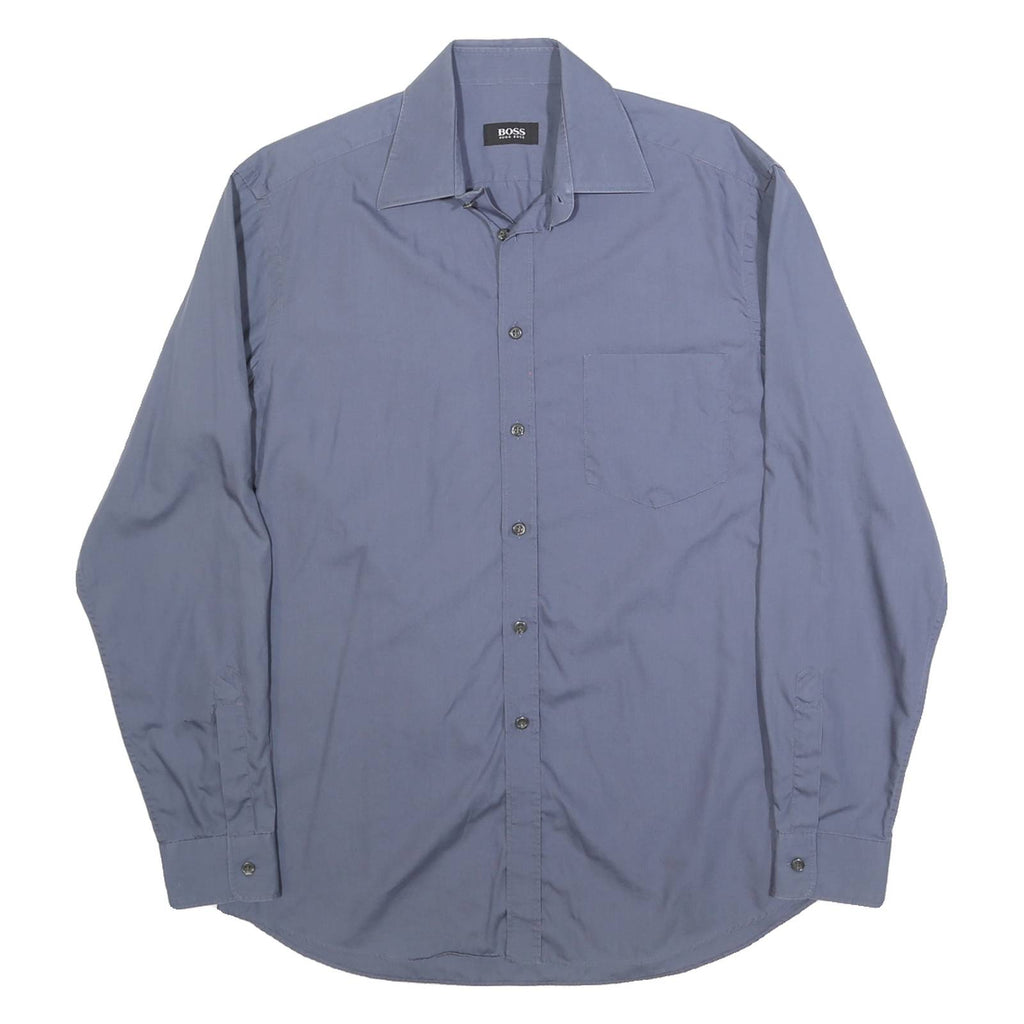 BOSS HUGO BOSS Mens Blue Plain Shirt M Cotton Long Sleeve Button Collar Regular