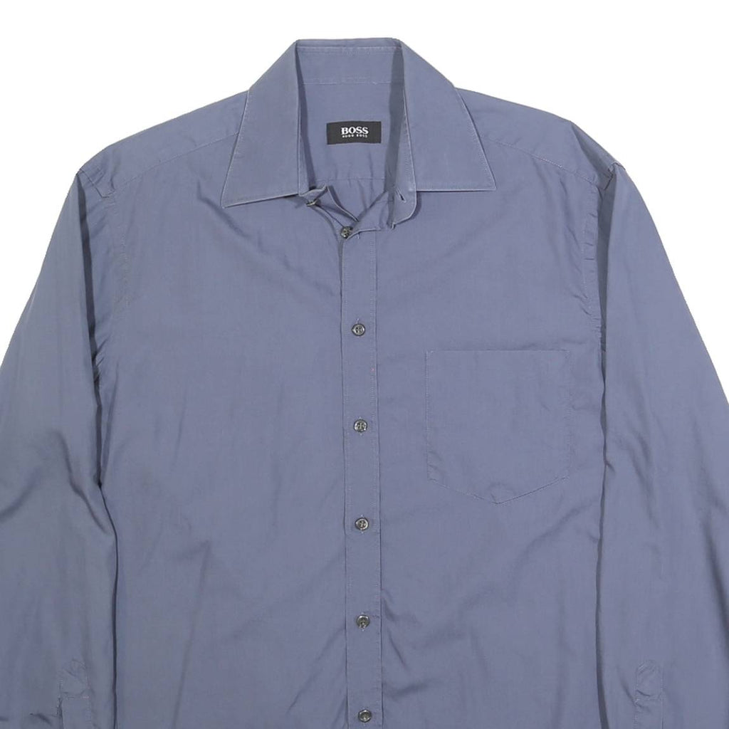 BOSS HUGO BOSS Mens Blue Plain Shirt M Cotton Long Sleeve Button Collar Regular