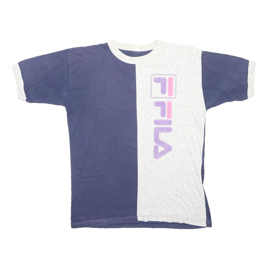 FILA Mens Blue & Grey Vertical Logo Graphic T-Shirt L Short Sleeve Crew Neck