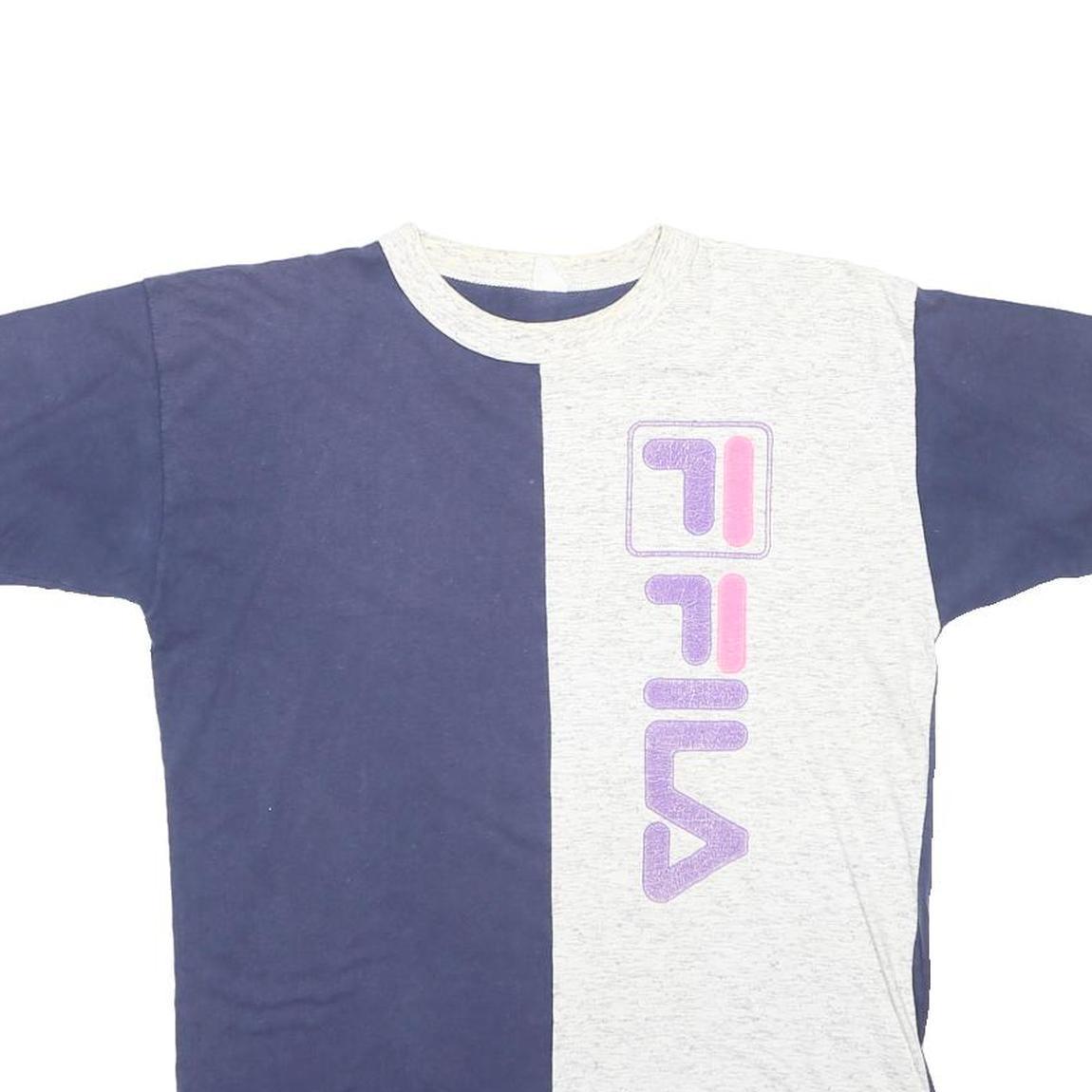 FILA Mens Blue & Grey Vertical Logo Graphic T-Shirt L Short Sleeve Crew Neck
