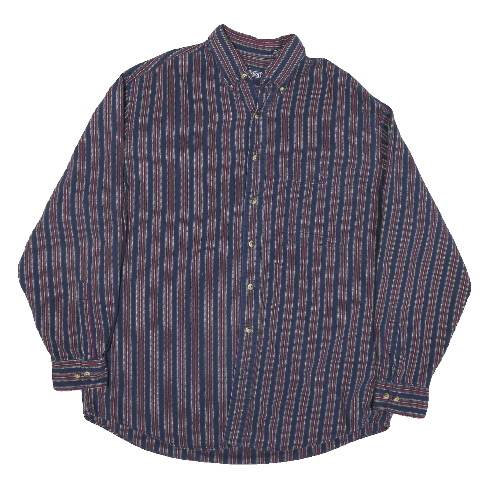 LANDS END Mens Blue & Maroon Striped Shirt L Long Sleeve Cotton Blend Button