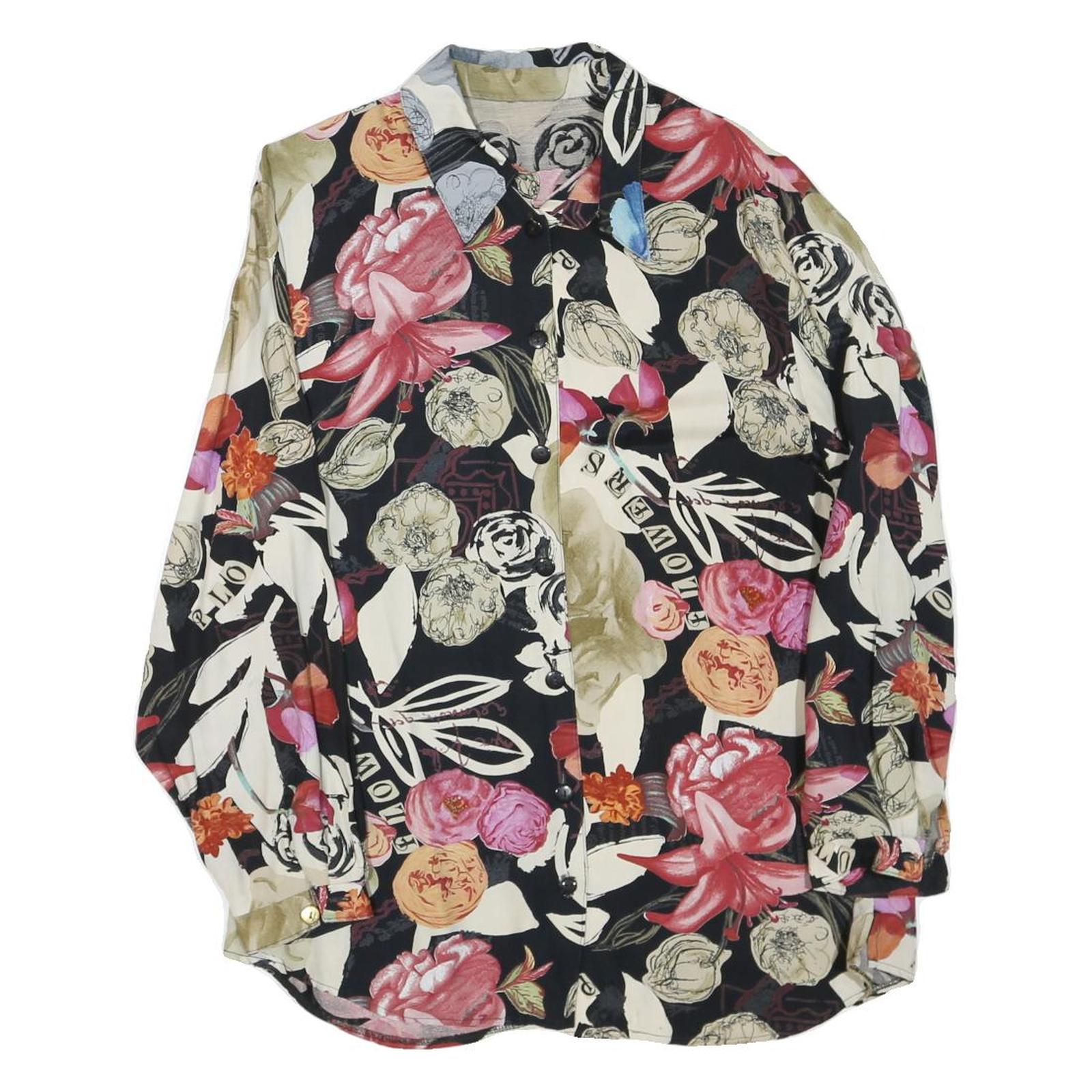 Womens Black & Cream Floral Printed Shirt Long Sleeve Collared M Relaxed Fit