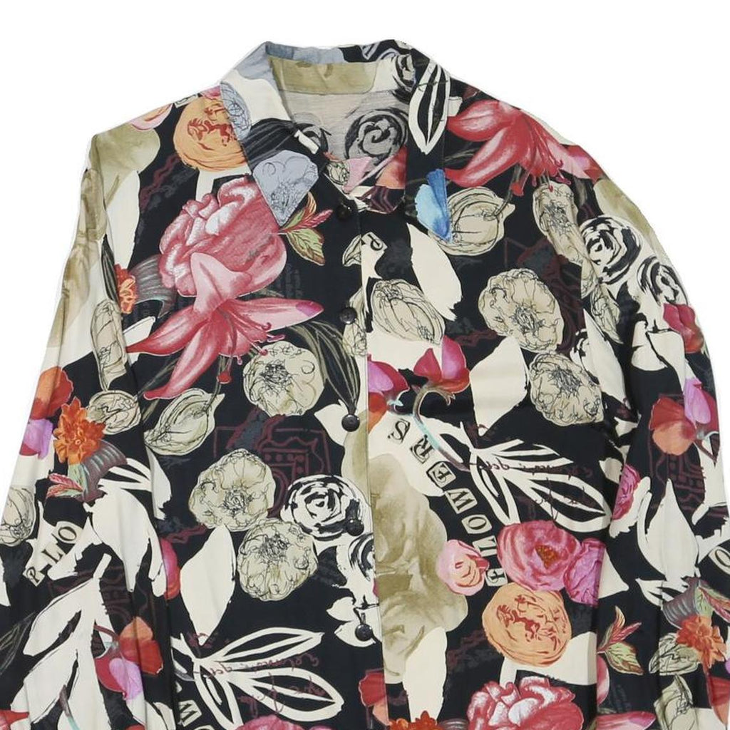 Womens Black & Cream Floral Printed Shirt Long Sleeve Collared M Relaxed Fit