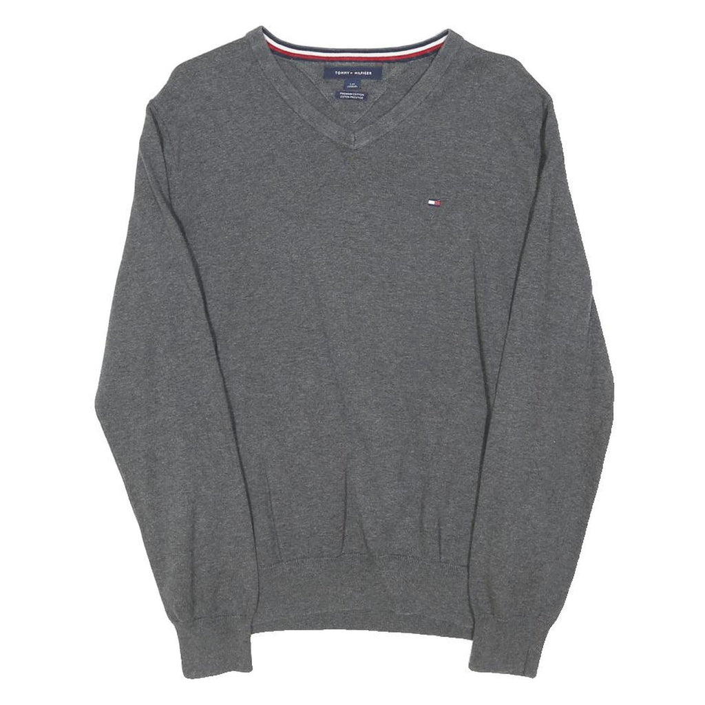 TOMMY HILFIGER Mens Grey Plain Jumper V-Neck Basic Knit L Cotton Blend Casual