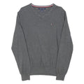 TOMMY HILFIGER Mens Grey Plain Jumper V-Neck Basic Knit L Cotton Blend Casual