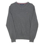 TOMMY HILFIGER Mens Grey Plain Jumper V-Neck Basic Knit L Cotton Blend Casual