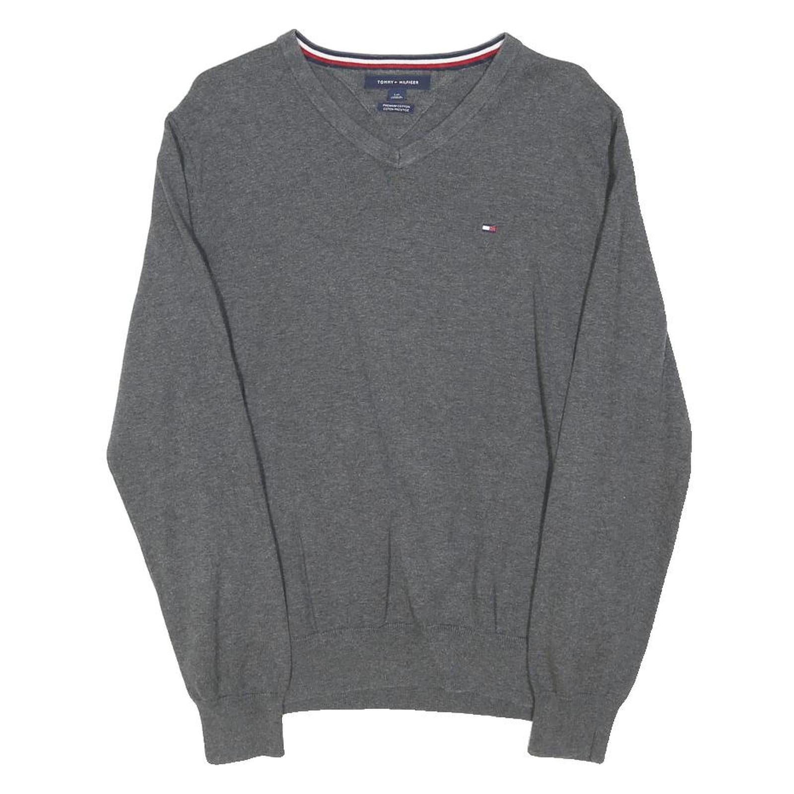 TOMMY HILFIGER Mens Grey Plain Jumper V-Neck Basic Knit L Cotton Blend Casual