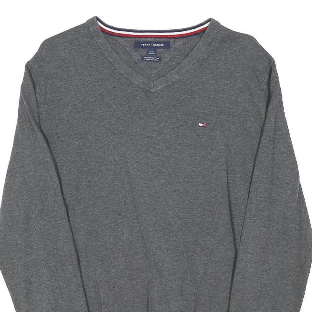 TOMMY HILFIGER Mens Grey Plain Jumper V-Neck Basic Knit L Cotton Blend Casual