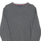 TOMMY HILFIGER Mens Grey Plain Jumper V-Neck Basic Knit L Cotton Blend Casual