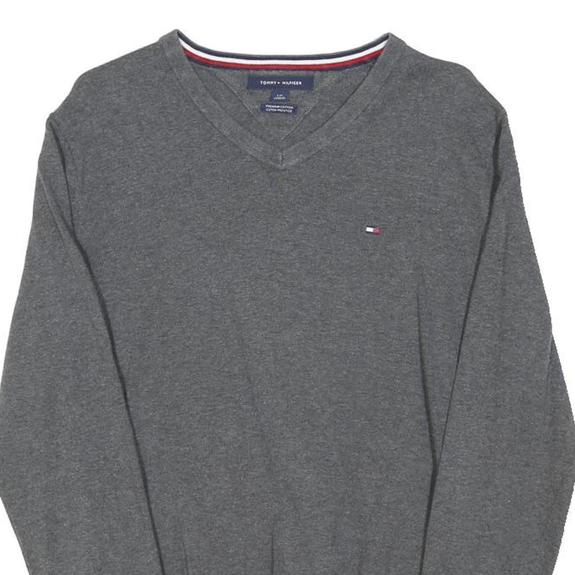 TOMMY HILFIGER Mens Grey Plain Jumper V-Neck Basic Knit L Cotton Blend Casual