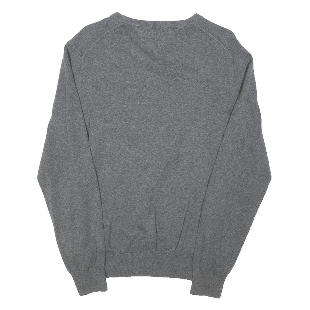 TOMMY HILFIGER Mens Grey Plain Jumper V-Neck Basic Knit L Cotton Blend Casual