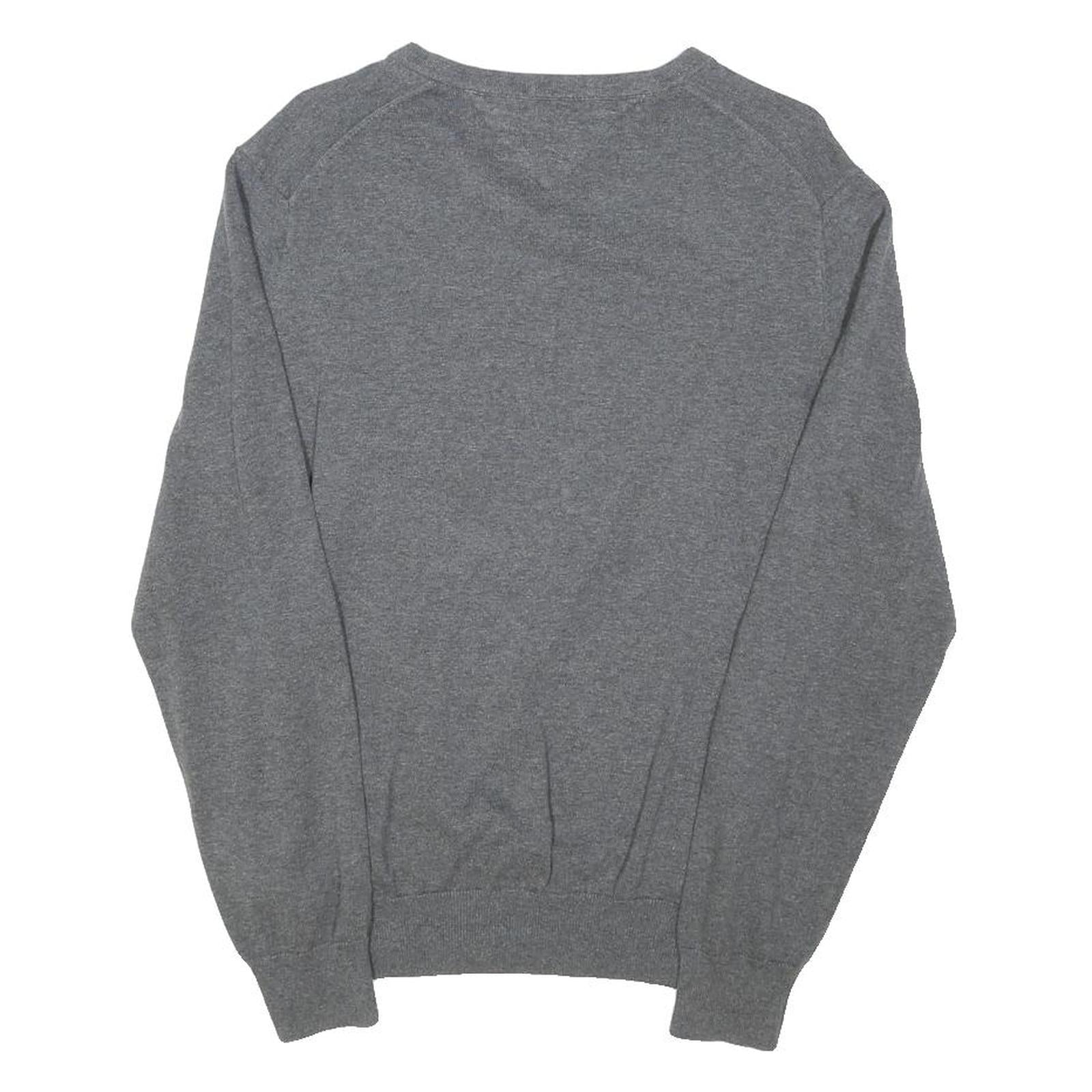 TOMMY HILFIGER Mens Grey Plain Jumper V-Neck Basic Knit L Cotton Blend Casual
