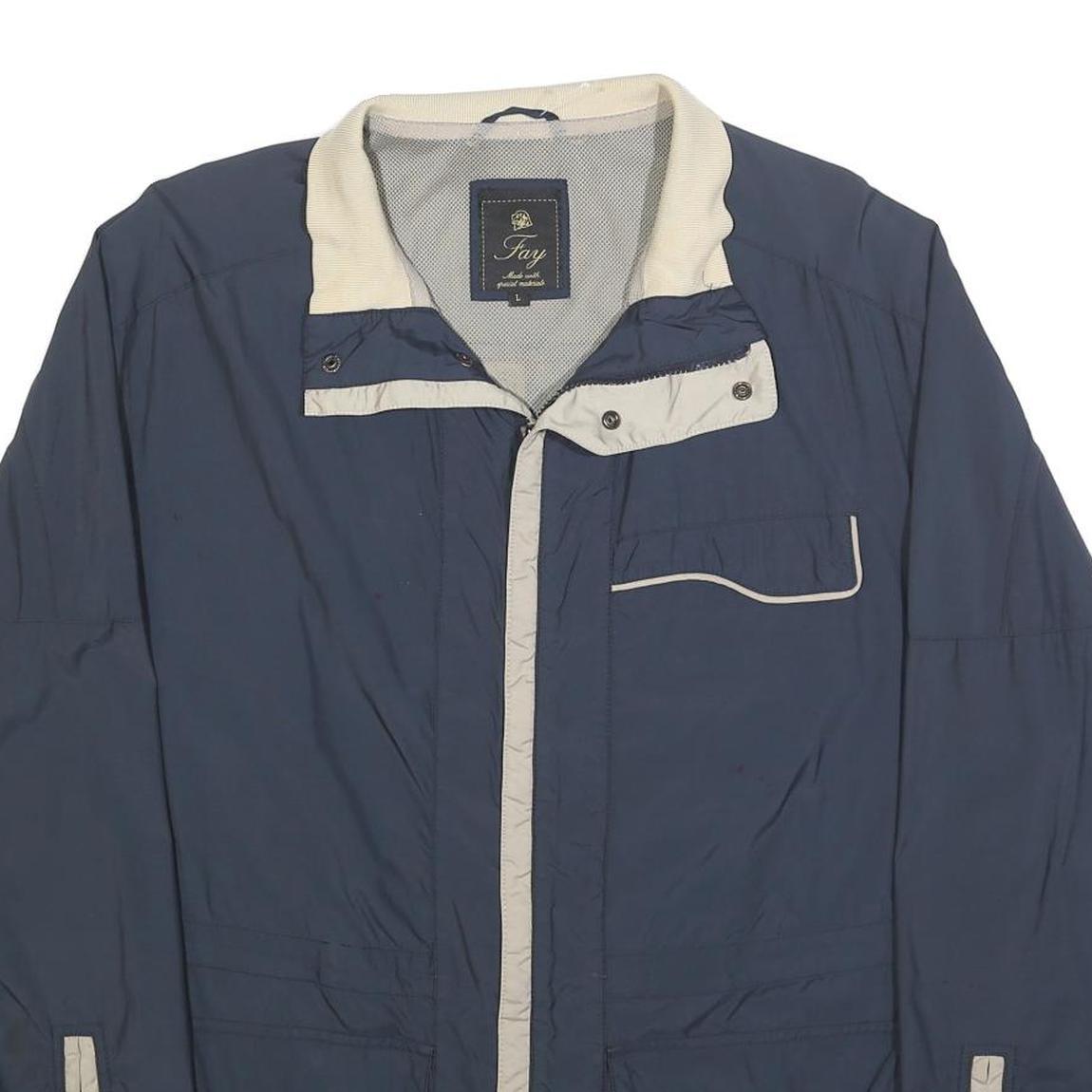 FAY Mens Blue & Cream Jacket L Polyester Blend Zip Plain Casual