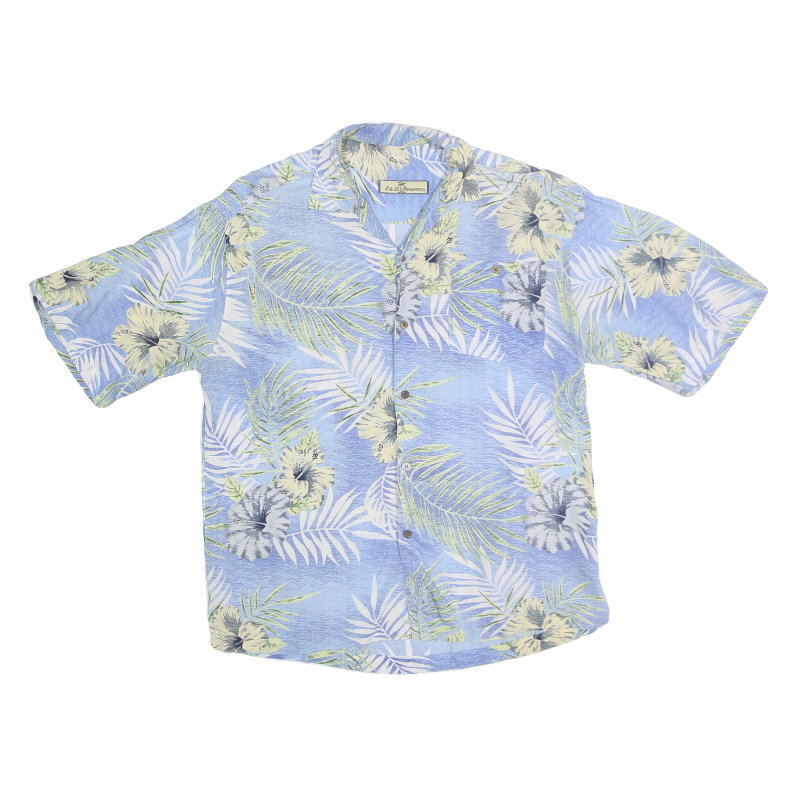 S&D BAHAMAS Mens Blue & Green Floral Cotton Blend Hawaiian Shirt M Casual Summer