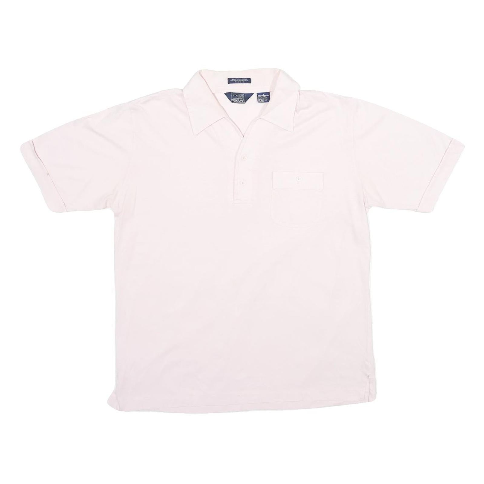 MANHATTAN Mens White Cotton Blend Short Sleeve Polo Shirt L Pocket Plain Casual