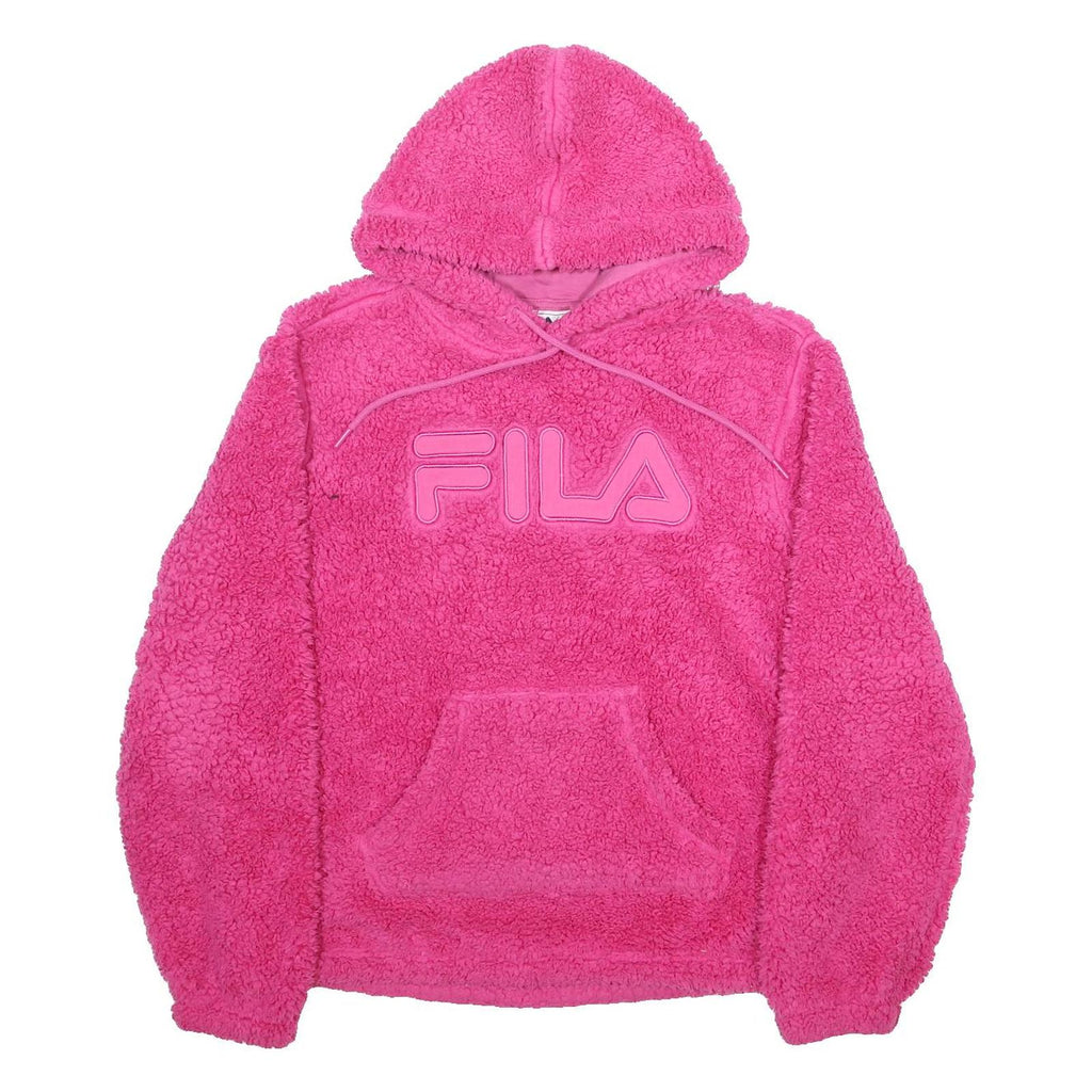 FILA Womens Pink Hooded Pullover L Soft Plush Hoodie Logo Sweatshirt