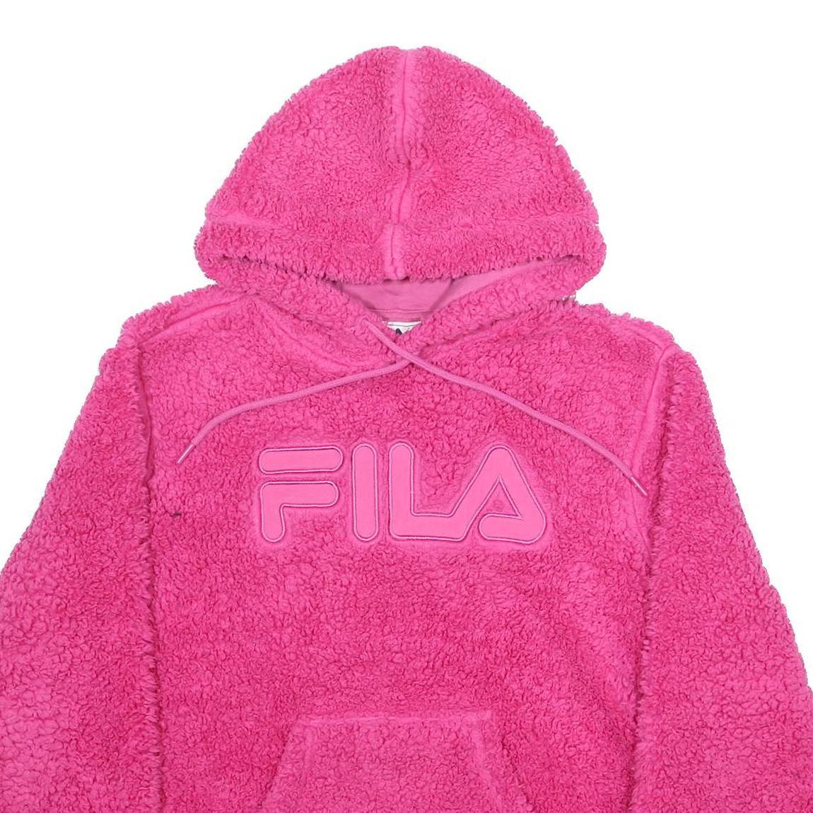 FILA Womens Pink Hooded Pullover L Soft Plush Hoodie Logo Sweatshirt