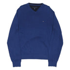 TOMMY HILFIGER Mens Blue Patterned Jumper V-Neck Basic Knit L Classic Cotton
