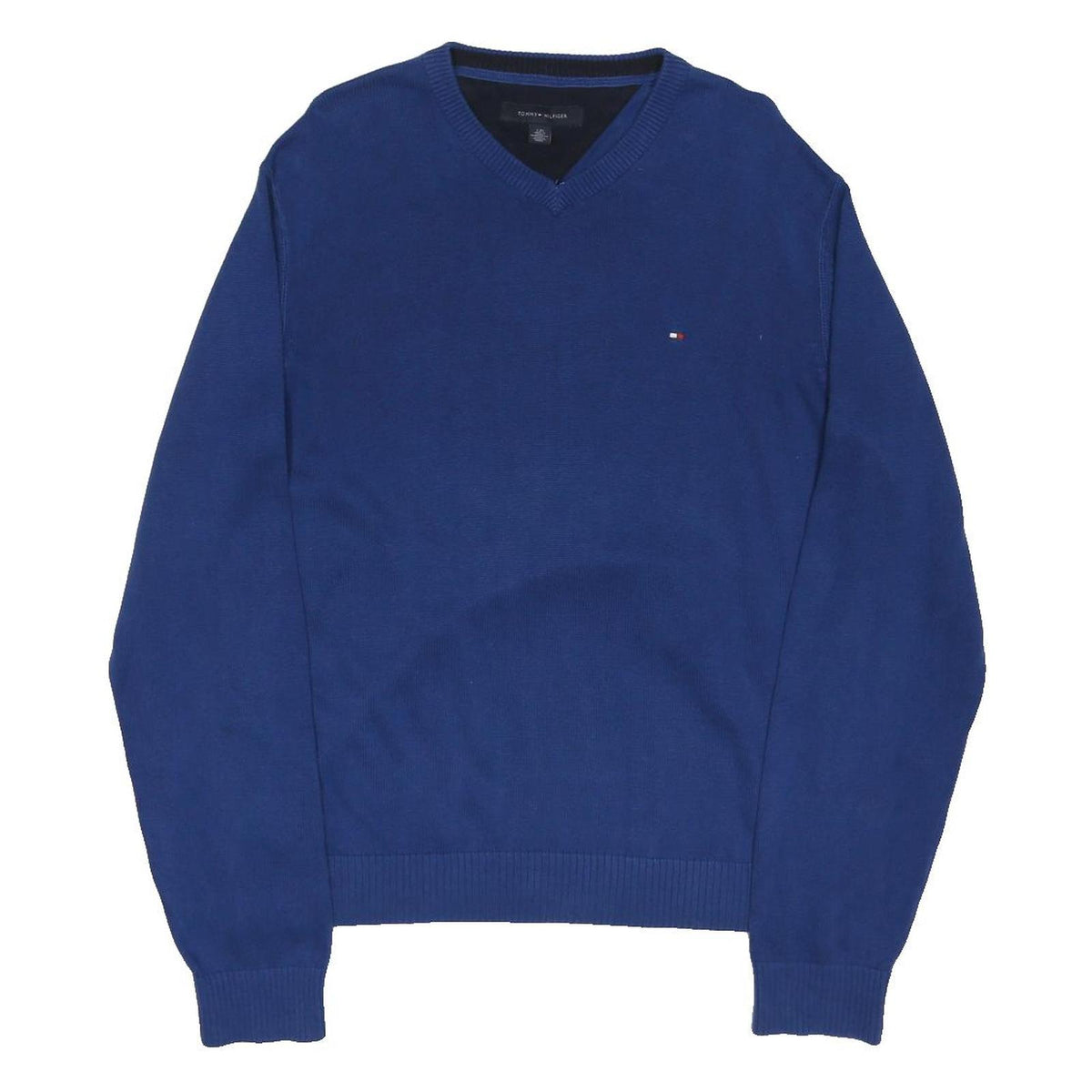 TOMMY HILFIGER Mens Blue Patterned Jumper V-Neck Basic Knit L Classic Cotton