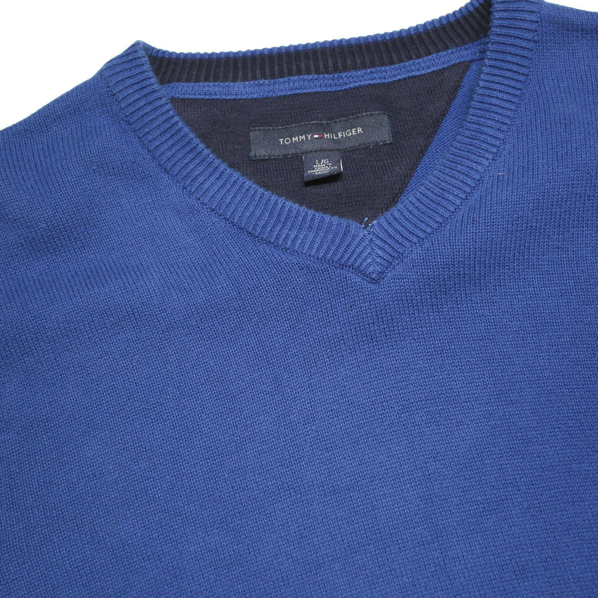 TOMMY HILFIGER Mens Blue Patterned Jumper V-Neck Basic Knit L Classic Cotton