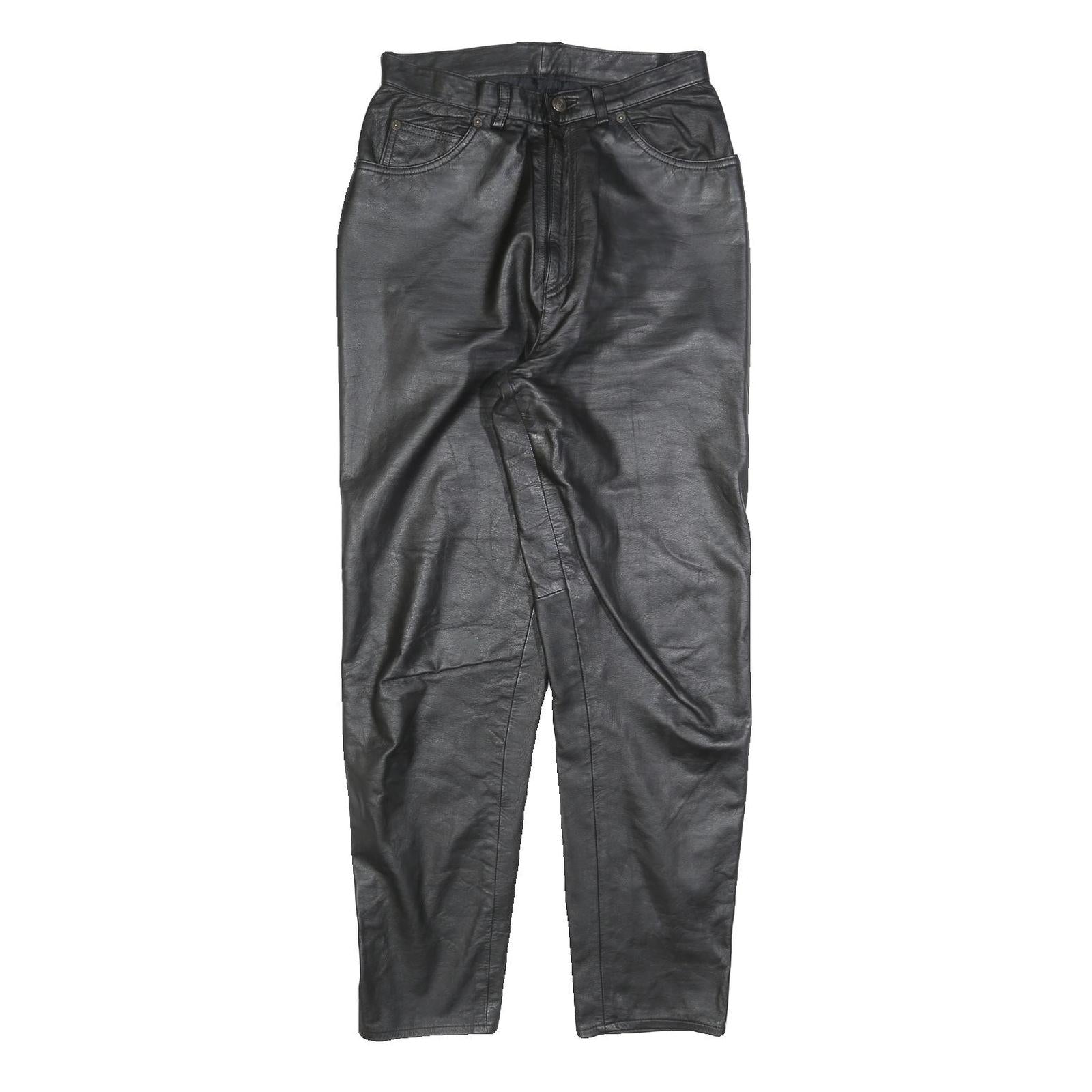 Womens Black Leather Regular Fit Trousers W28 L30 Zip Closure Stylish Pocketed