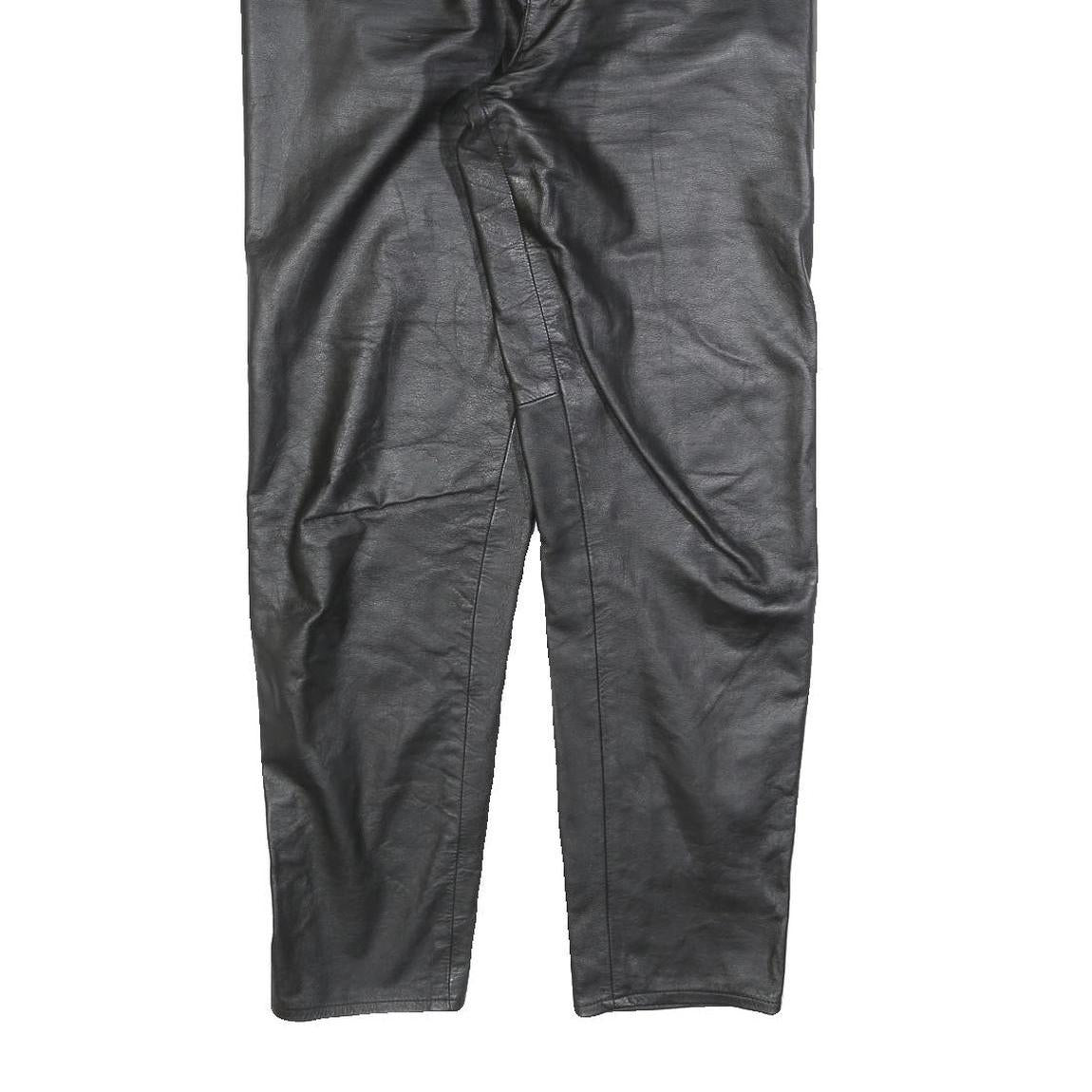 Womens Black Leather Regular Fit Trousers W28 L30 Zip Closure Stylish Pocketed