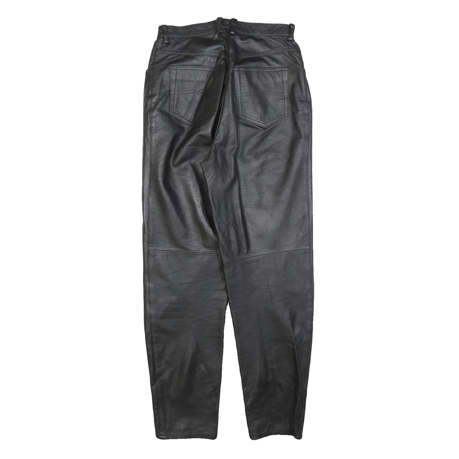 Womens Black Leather Regular Fit Trousers W28 L30 Zip Closure Stylish Pocketed