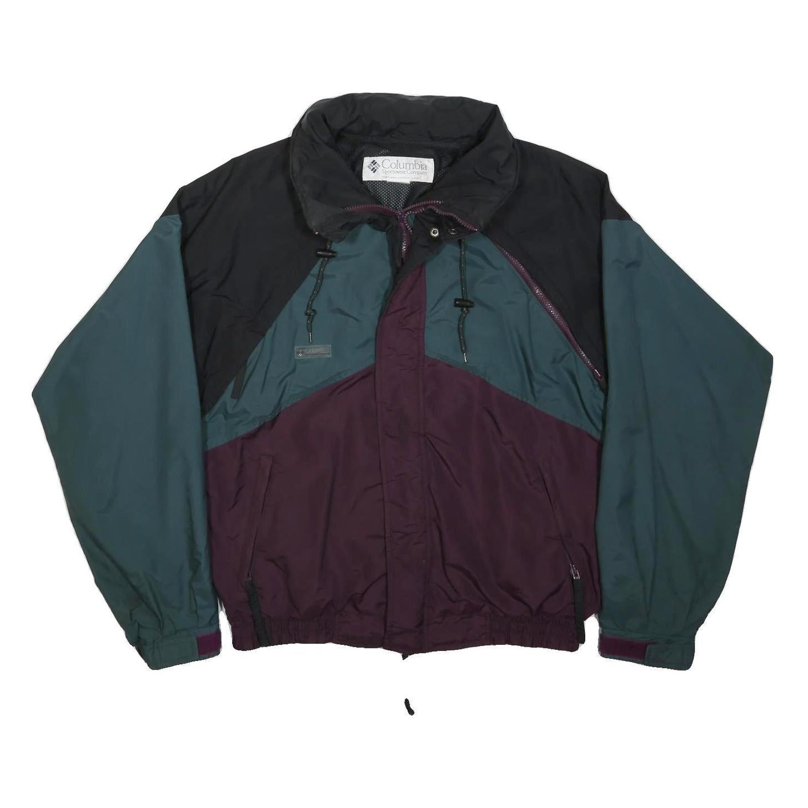 COLUMBIA Mens Black Teal & Burgundy Outdoor Jacket L Synthetic Colourblock Zip